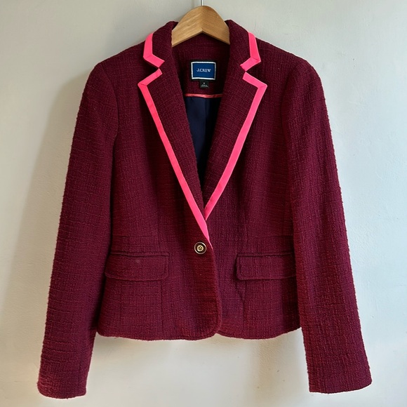 J. Crew Jackets & Blazers - J.Crew Peplum blazer in textured tweed in burgundy with neon pink trim US2